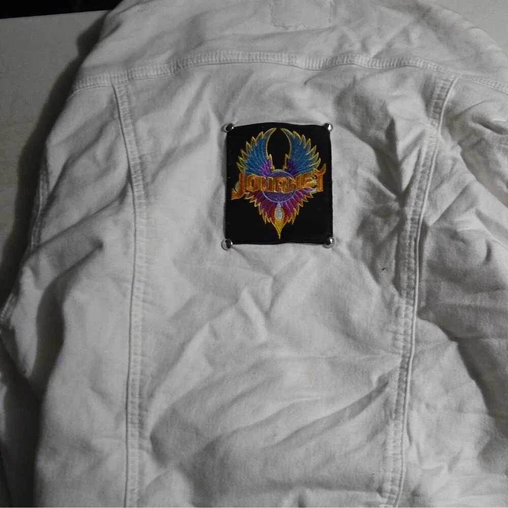 Custom Journey Band White Patch Denim Jacket Studded Sz XXL (Fits Like Large)